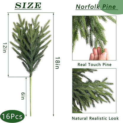 Skiennix 16 Pcs Real Touch Norfolk Pine Branches - 18" Faux Greenery for DIY Crafts & Home Decor