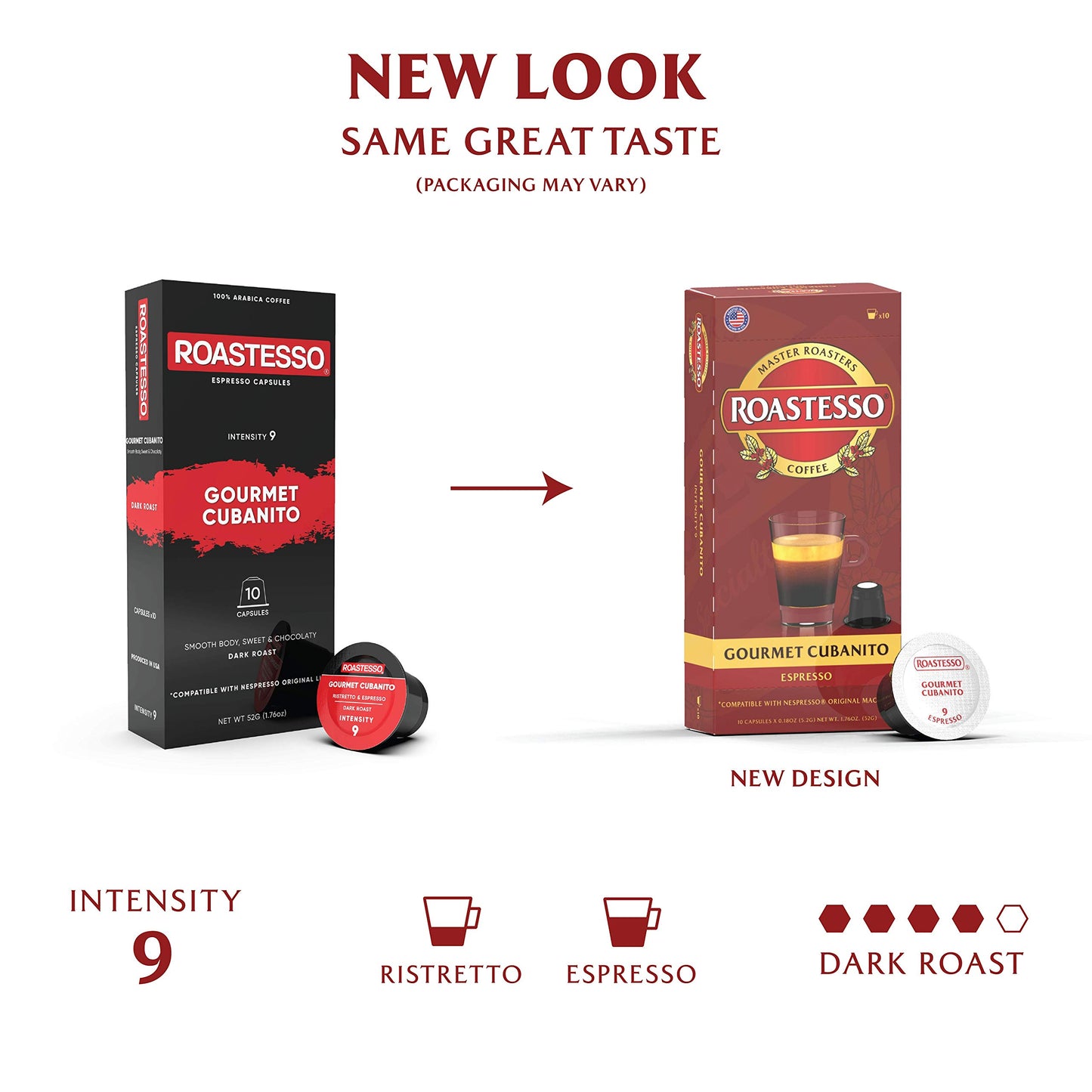 Roastesso Coffee, Gourmet Cubanito, Nespresso Compatible Capsules for OriginalLine Machines, Dark Roast Espresso Ristretto Pods, Intensity 9, Single Serve Cafecito De Cuba (40 Count)