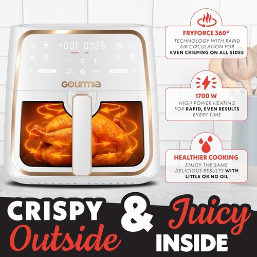 Gourmia 8 Qt Air Fryer - Digital Display, 8 Presets, FryForce 360° Technology & Easy View Window - White