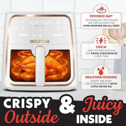 Gourmia 8 Qt Air Fryer - Digital Display, 8 Presets, FryForce 360° Technology & Easy View Window - White