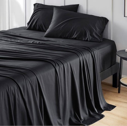 Bedsure Queen Cooling Sheet Set - Soft & Breathable Rayon from Bamboo | Deep Pocket Up to 16" - Black