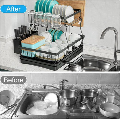7 Code Large Dish Drying Rack - Detachable 2-Tier Kitchen Organizer with Utensil Holder | Black