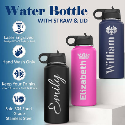 Skiennix Insulated Stainless Steel Water Bottle - Personalized Name & Icon | 32 oz Flip Top Lid & Straw