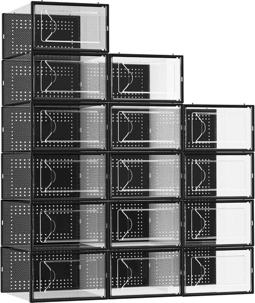 Foluck Shoe Storage Box - 15 Pack Clear Plastic Stackable Organizer | Interlocking Design for Sneakers, Black