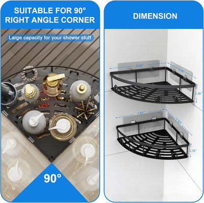 Skiennix Corner Shower Caddy - 2 Pack Adhesive Bathroom Organizer Shelf | No Drilling, Rustproof, Black