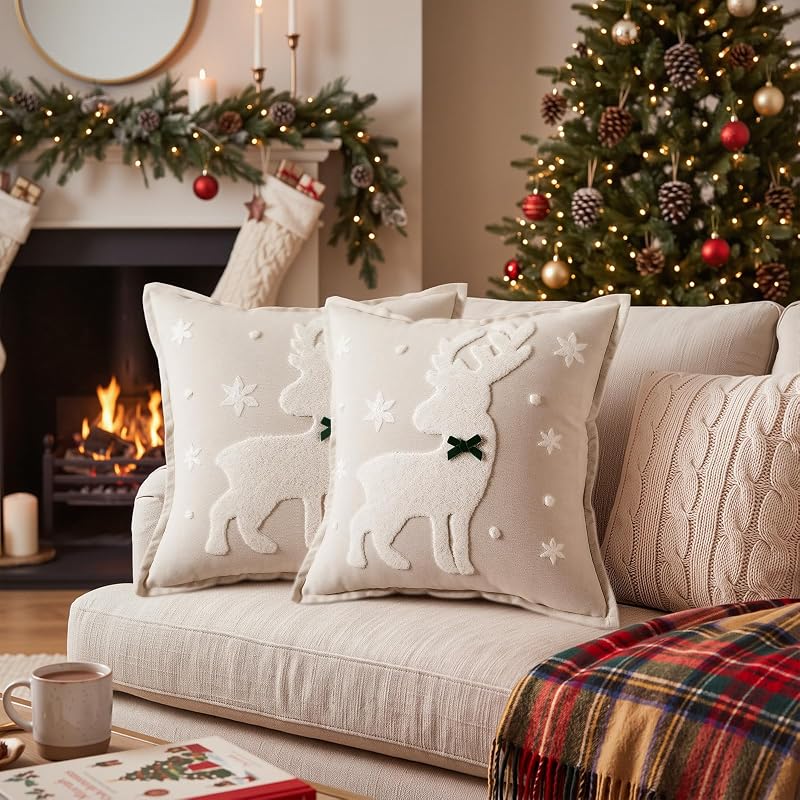 Christmas Reindeer Throw Pillow Covers 18x18 in Plush 3D Embroidery - 2 Pcs