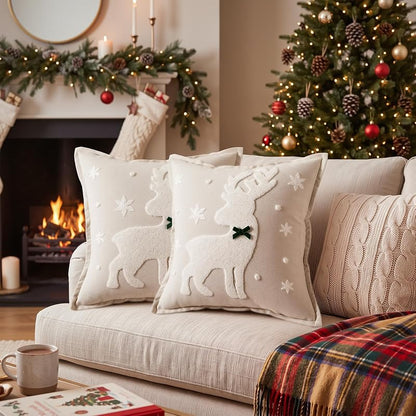 Christmas Reindeer Throw Pillow Covers 18x18 in Plush 3D Embroidery - 2 Pcs