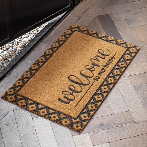 Welcome Mat Front Door Mat Indoor Outside Entrance, Heavy Duty Dirt Trapper Coir Doormat with Non Slip Backing Entryway Rug for Front Back Door, 17x30, Brown