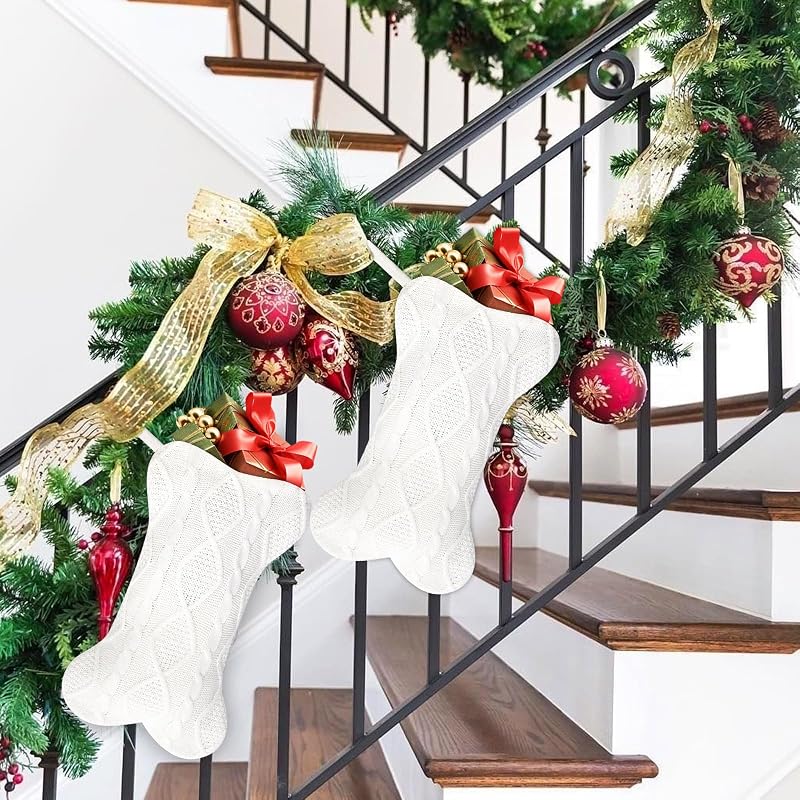White Bone-Shaped Knitted Dog Christmas Stocking - Large 16.5" x 9.4"