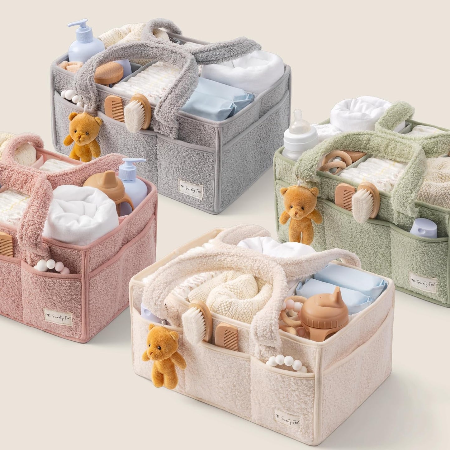 Sweety Fox Baby Diaper Caddy Organizer - Portable Sherpa Nursery Basket in Grey | Perfect for Baby Showers