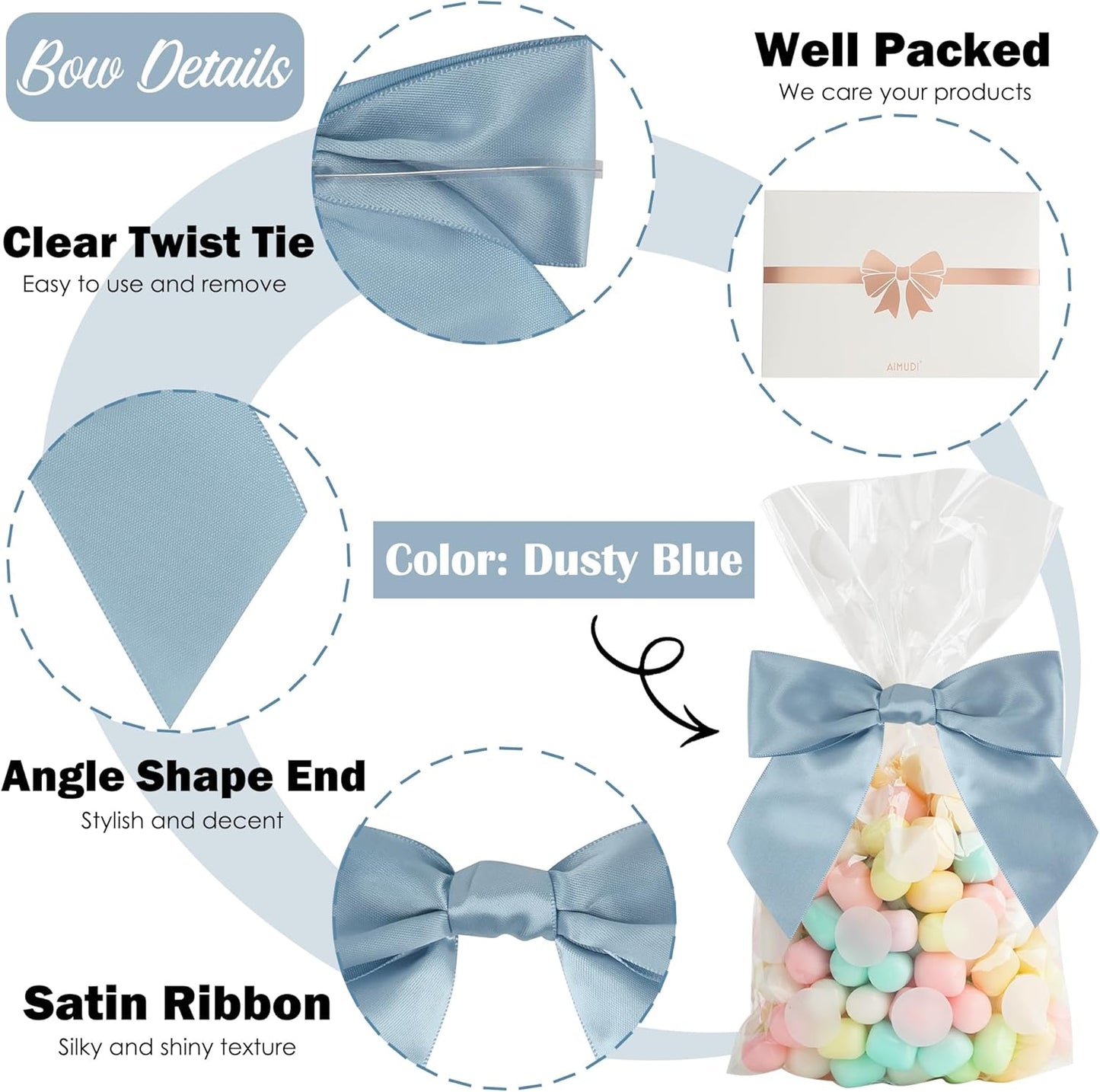 AIMUDI Dusty Blue Wedding Bows - 4.5" Pre-Tied Blue Ribbon Bows for Baby Showers & Gifts | 36 Pack