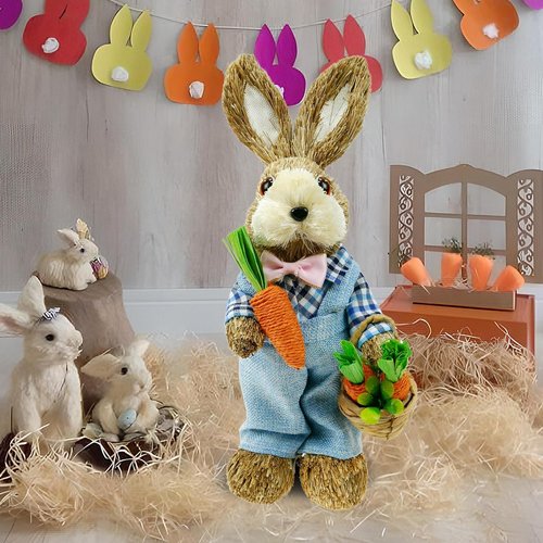 DearSun 14" Easter Straw Bunny Figurine - Blue Sisal Rabbit Holding Carrots | Spring Table Decor for Home & Garden