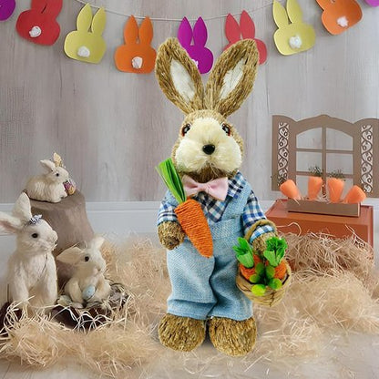 DearSun 14" Easter Straw Bunny Figurine - Blue Sisal Rabbit Holding Carrots | Spring Table Decor for Home & Garden