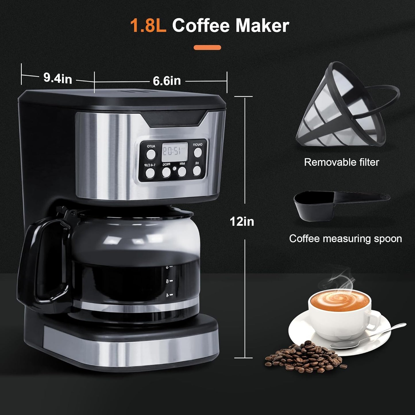 Skiennix Programmable Coffee Maker - 12-Cup Fully Automatic Drip Machine | Stainless Steel, Keep-Warm Function