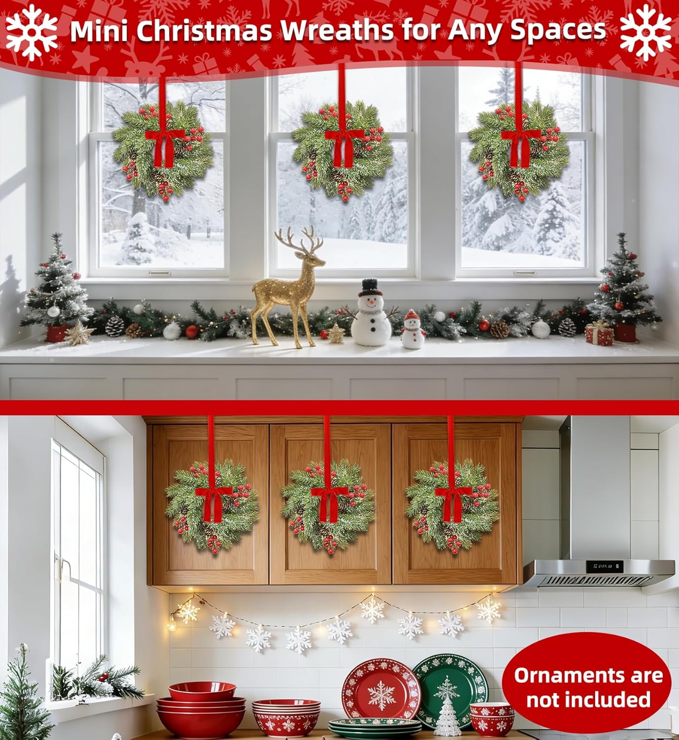 Skiennix 4-Piece Christmas Candle Rings - Flocked Pine & Red Berry Decor for Holiday Centerpieces