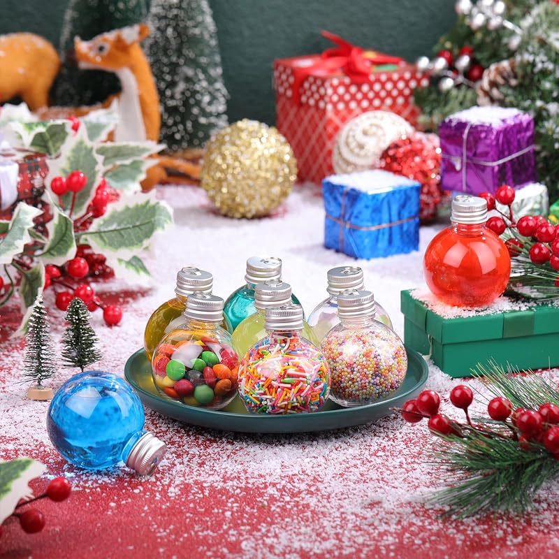 Clear Fillable Christmas Ornaments 50ml/100ml – 50Pcs Plastic Ball Bottles with Silver Tops & Hanging Loops (Variation: 50+50,100 ml)