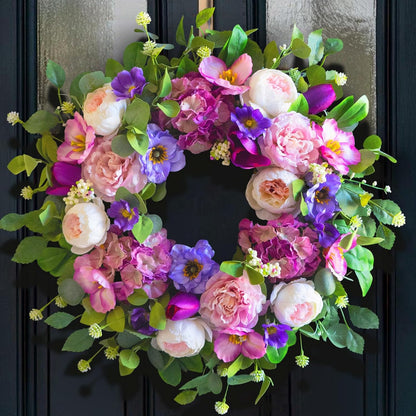 Regine Switzerland 24-Inch Spring Wreath - Blush Pink Roses & Purple Blooms for Home Decor | Indoor/Outdoor Use