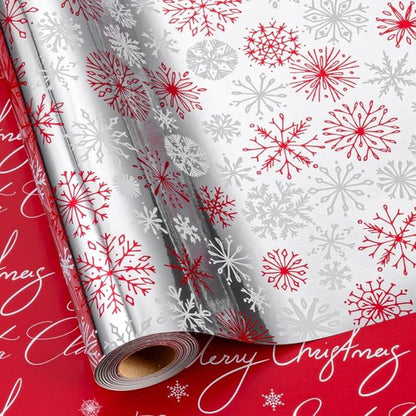 MAYPLUSS Christmas Wrapping Paper Roll - 17" x 33ft - Reversible Red & White Snowflakes for Holiday Gifts