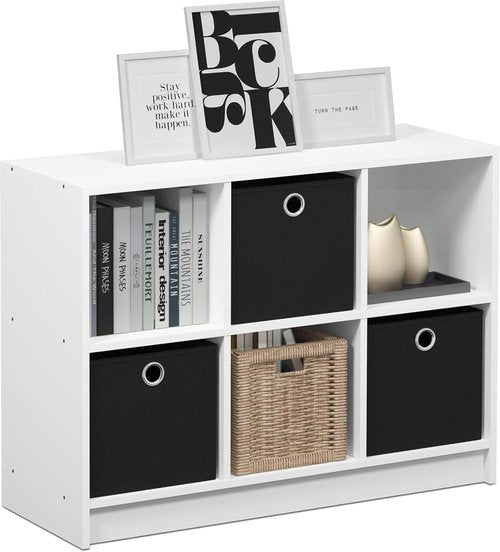 Furinno 3x2 Cube Storage Bookcase Organizer - Stylish White/Black Design with Bins