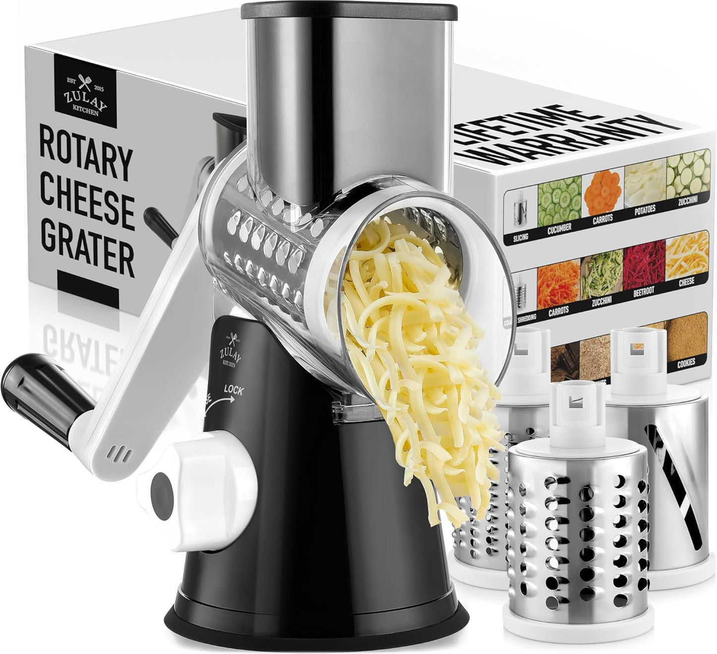 Zulay Rotary Cheese Grater - Manual Hand Crank Shredder with 3 Blades & Reinforced Suction - Black