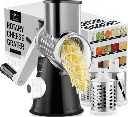 Zulay Rotary Cheese Grater - Manual Hand Crank Shredder with 3 Blades & Reinforced Suction - Black