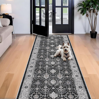 Regine Switzerland Washable 4x12 Hallway Runner Rug - Vintage Soft Carpet, Stain Resistant, Non-Slip Backing, Black