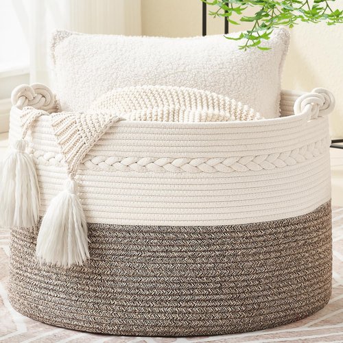 KAKAMAY Large Woven Blanket Basket - Cotton Rope Storage Hamper for Baby Laundry & Toys | White/Beige
