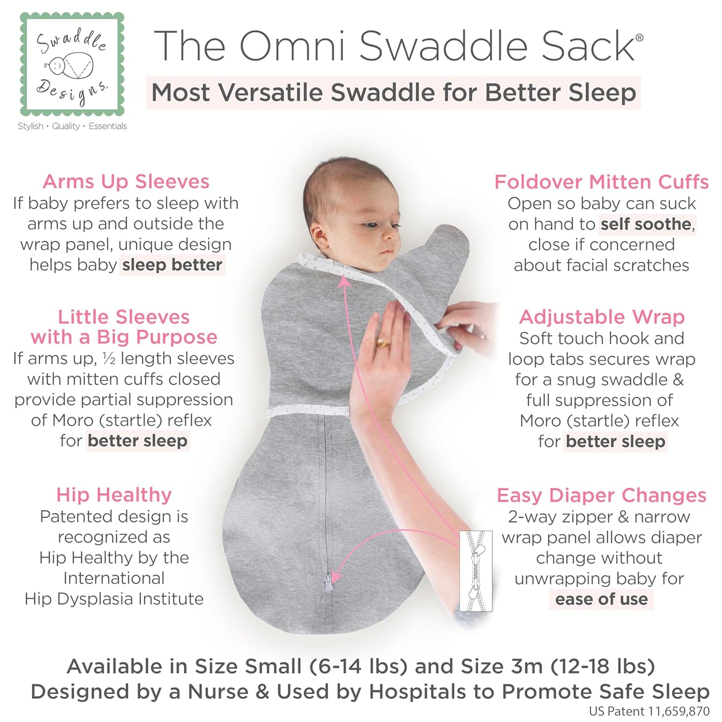 SwaddleDesigns 6-Way Omni Swaddle Sack - Arms Up Design for Newborns | Enhances Sleep, Small, 0-3 Months, Heathered Gray