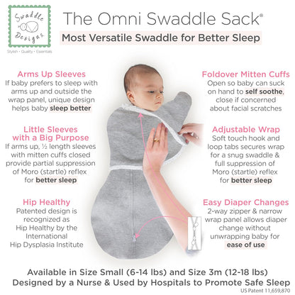 SwaddleDesigns 6-Way Omni Swaddle Sack - Arms Up Design for Newborns | Enhances Sleep, Small, 0-3 Months, Heathered Gray