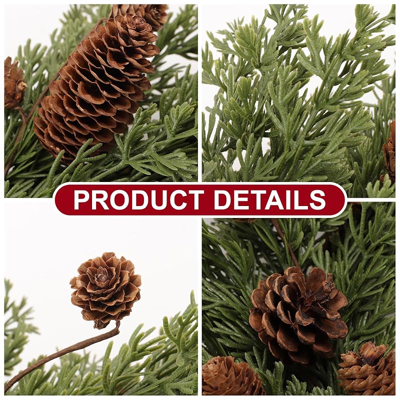 Christmas Wreath 24 Inch Front Door Artificial Pine Needle with Red Bow Pinecones
