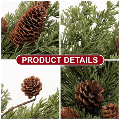 Christmas Wreath 24 Inch Front Door Artificial Pine Needle with Red Bow Pinecones