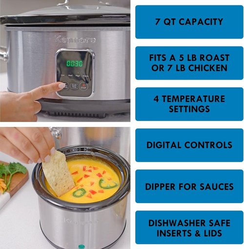 Kenmore Slow Cooker - Programmable 7 Qt with Dipper Sauce-Warmer | Black & Silver Stainless Steel