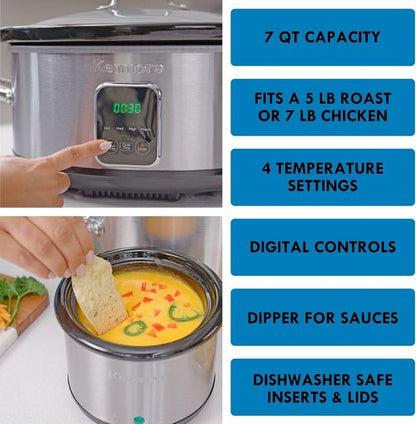 Kenmore Slow Cooker - Programmable 7 Qt with Dipper Sauce-Warmer | Black & Silver Stainless Steel
