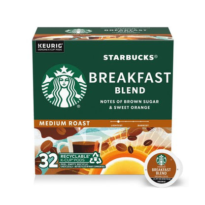 Starbucks K-Cup Coffee Pods, Medium Roast Hot or Iced Coffee, Breakfast Blend, 32 Keurig Pods