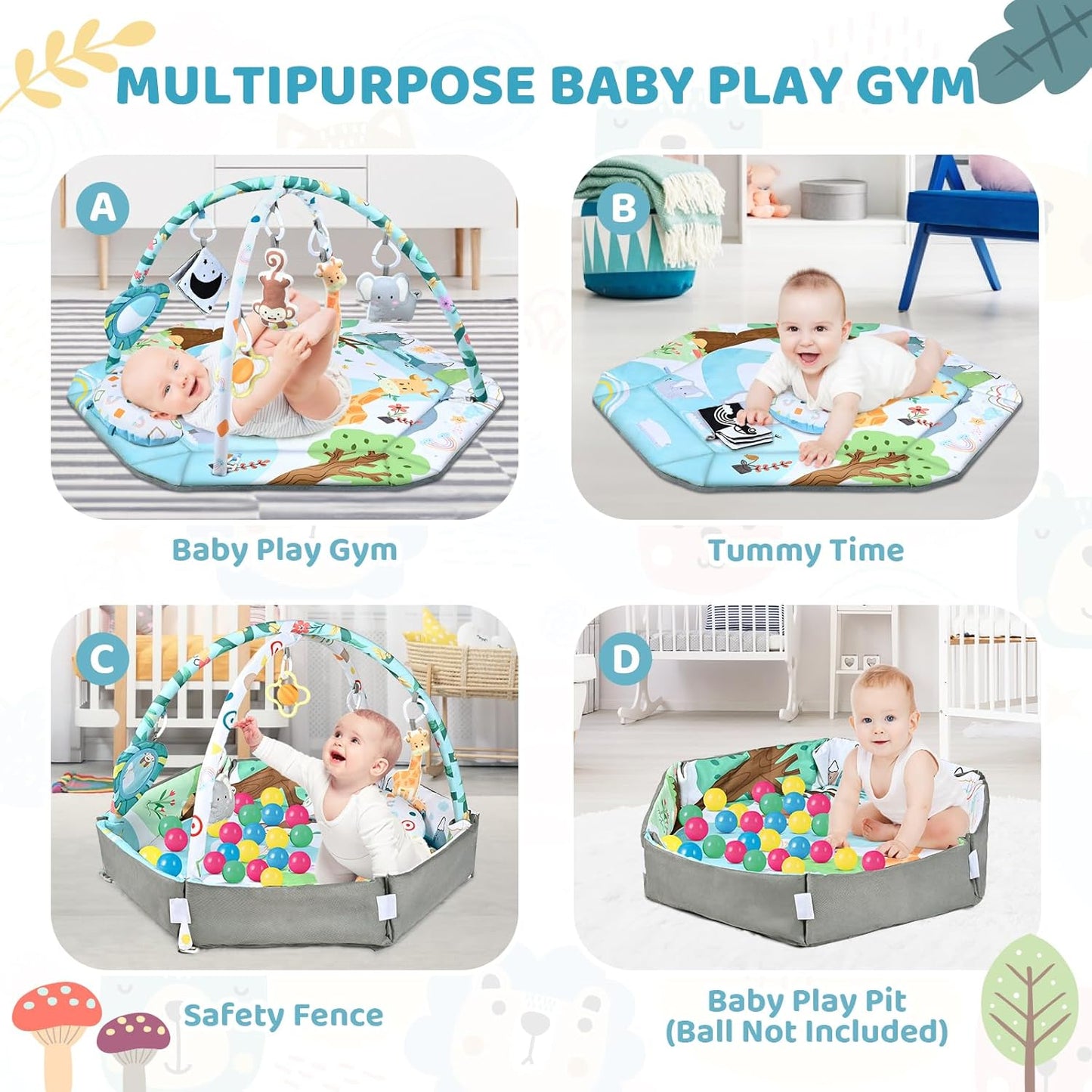 Skiennix Baby Gym Play Mat - 8-in-1 Tummy Time & Ball Pit with 6 Washable Toys | Sensory Development for Infants 0-12 Months
