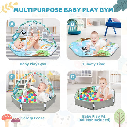 Skiennix Baby Gym Play Mat - 8-in-1 Tummy Time & Ball Pit with 6 Washable Toys | Sensory Development for Infants 0-12 Months