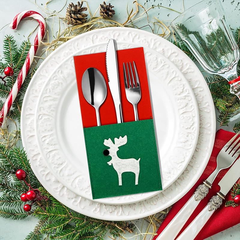 Christmas Silverware Holder Pockets, 10 Pack Felt Cutlery Bags