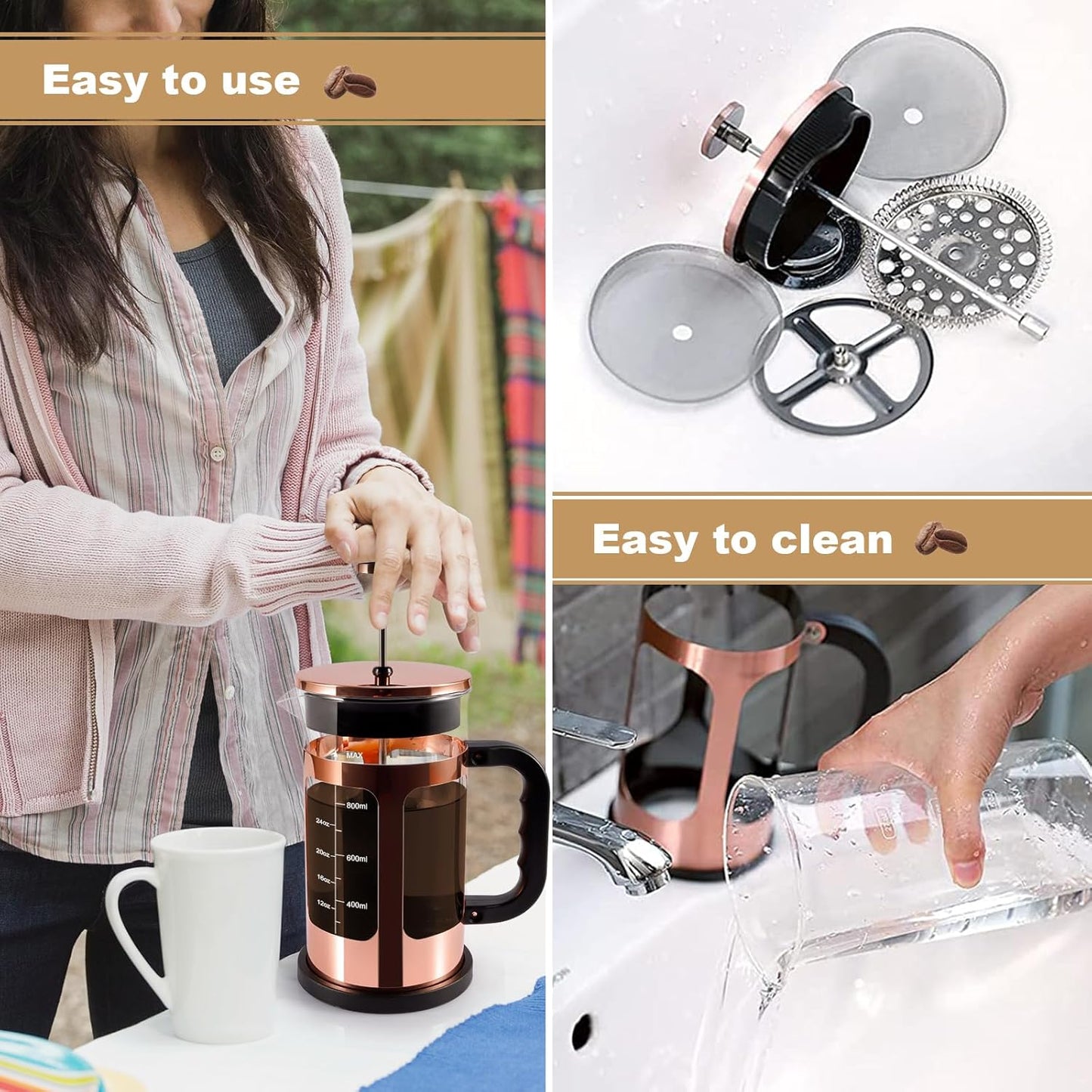 Skiennix French Press Coffee & Tea Maker - 1000ml Heat-Resistant Glass with 4-Level Filtration, Rose Gold