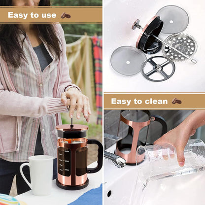 Skiennix French Press Coffee & Tea Maker - 1000ml Heat-Resistant Glass with 4-Level Filtration, Rose Gold