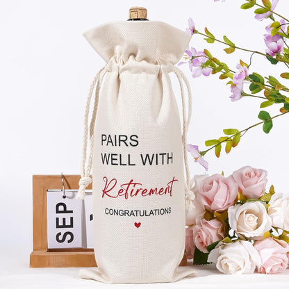 Retirement Wine Bag Farewell Gifts - Going Away Gifts for Retirees, Friends, Coworkers, Boss, Teachers, Employees, Women, Floral Drawstring Burlap Wine Bottle Bag for Retired, Goodbye, New Beginnings