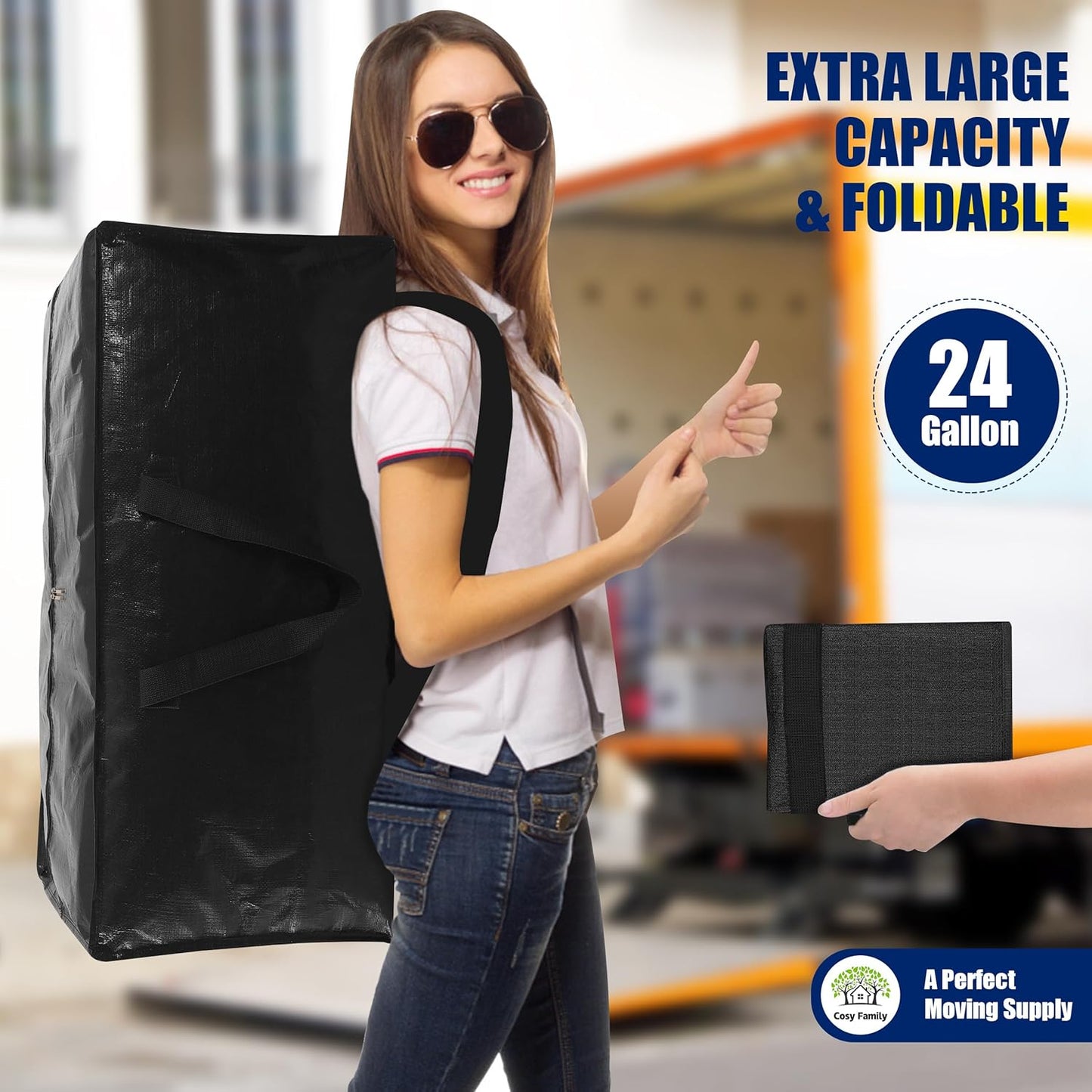 Cosy Family Extra Large Moving Bags - Heavy Duty Storage Totes with Backpack Straps & Strong Zippers | Set of 4, Black