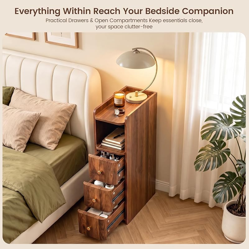 Walnut 3-Drawer Tall Nightstand - 27.56"H Narrow Bedside Storage, 7.87"W, 15.75"D
