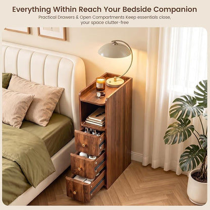 Walnut 3-Drawer Tall Nightstand - 27.56"H Narrow Bedside Storage, 7.87"W, 15.75"D