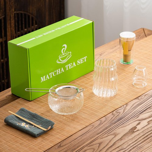 DWEHIXBUY 7Pcs Japanese Matcha Tea Set, Matcha Kit with Matcha Bowl (with Pouring Spout), Matcha Whisk, Whisk Holder, Strainer - Elegant Matcha Set for Gifting, Gift Box Packaging glass