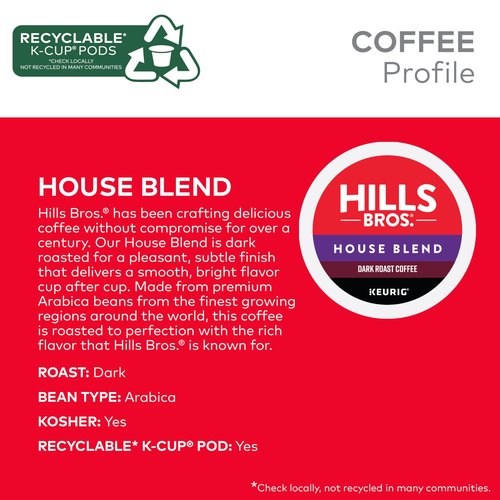 Hills Bros. House Blend Keurig K-Cup Pods for Keurig Brewers – Dark Roast Premium Arabica Blend, Kosher – 1 Pack of 12 Single Serve Pods