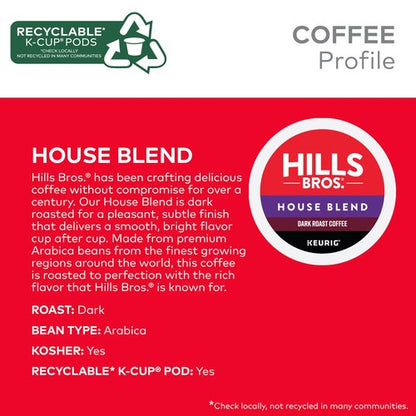 Hills Bros. House Blend Keurig K-Cup Pods for Keurig Brewers – Dark Roast Premium Arabica Blend, Kosher – 1 Pack of 12 Single Serve Pods