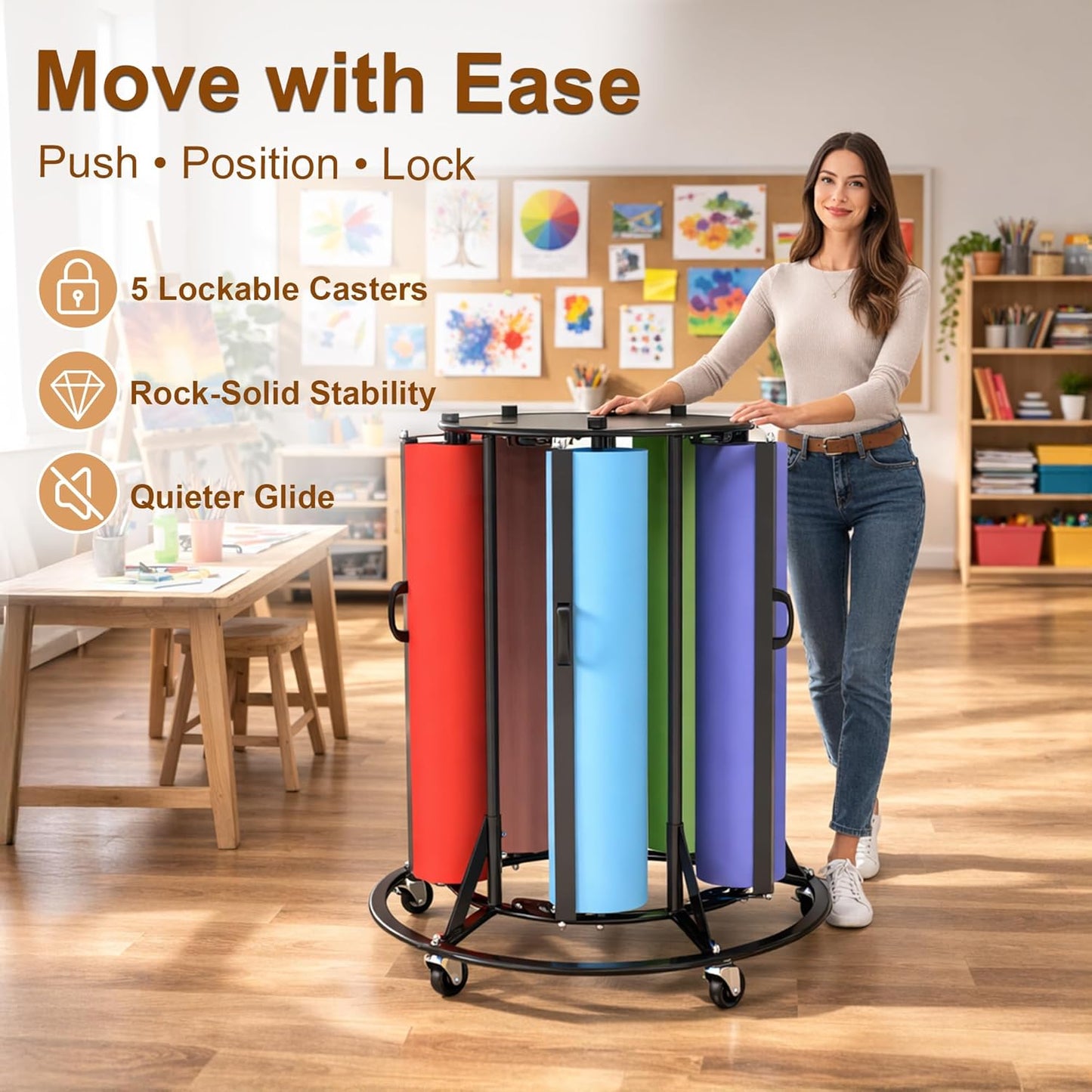 Skiennix Paper Roll Dispenser Rack - Heavy Duty Mobile Steel Holder for Up to 36" Rolls | Ideal for Crafts, Gifts & Art