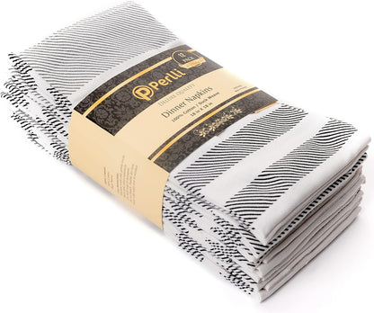 PERLLI Cotton Cloth Napkins - 12 Pack 18x18 Inches | Washable Black, Gray & White Stripes for Elegant Table Settings