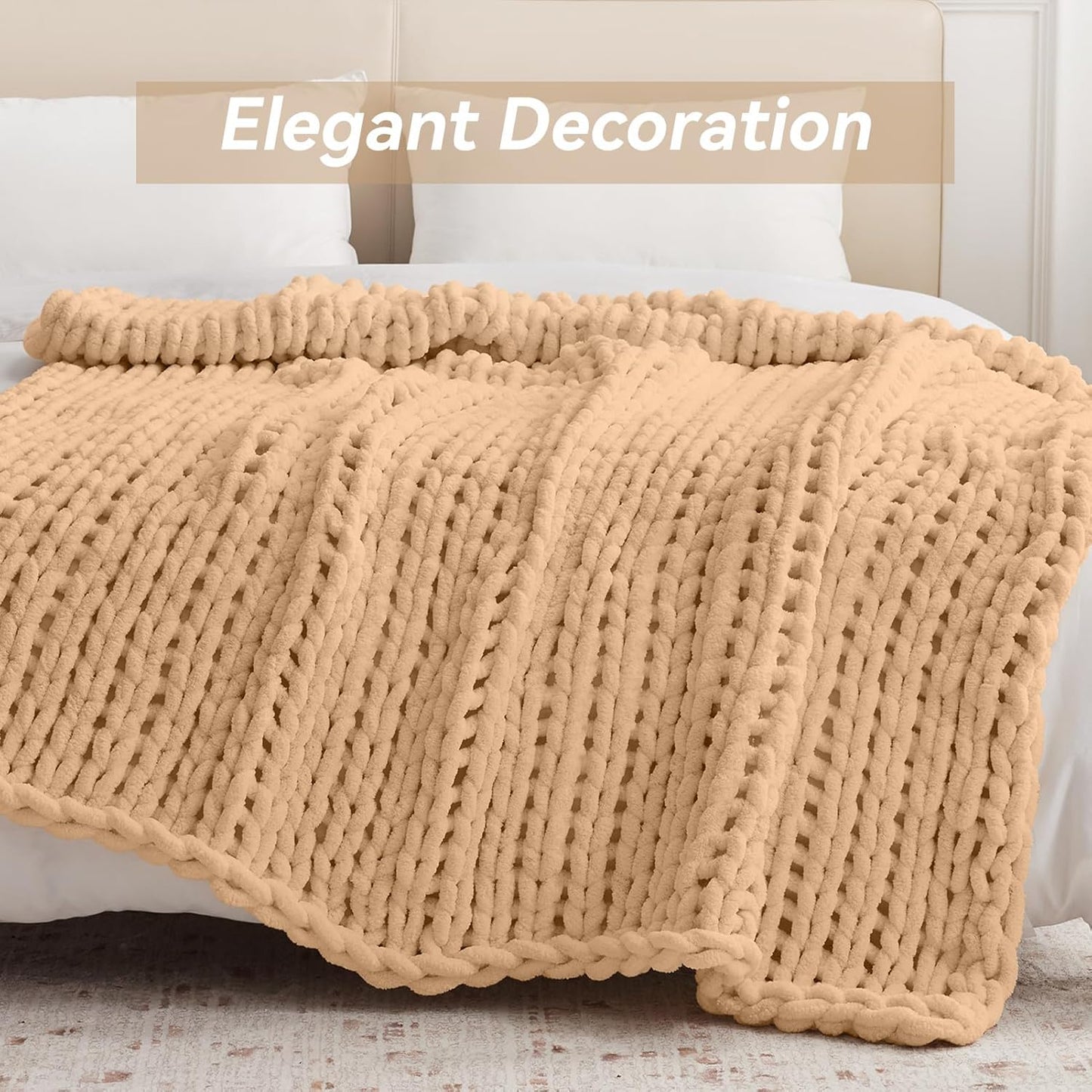 Negwoo Chunky Knit Throw Blanket - Handmade Beige Chenille Yarn | Soft & Comfy 30'' x 40'' for Home Decor