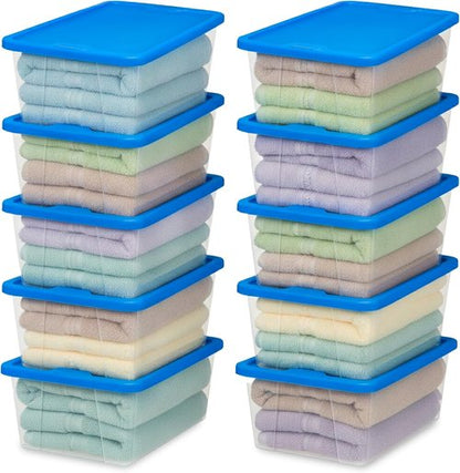HOMZ 10-Pack Snaplock Storage Organizer Bins - Clear Plastic Containers with Lids, 6 Quart, Blue